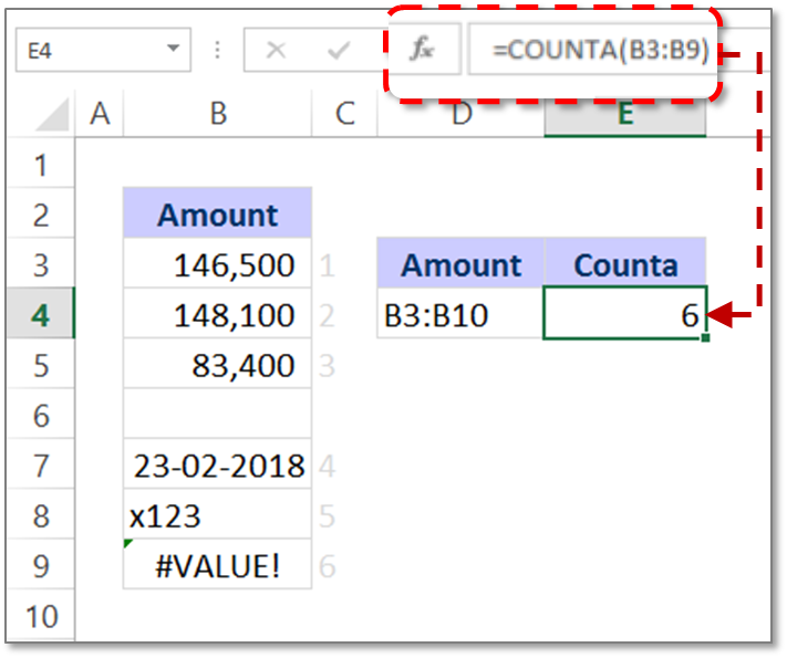 Counta formula in Excel