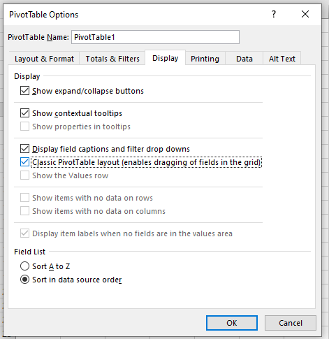 Classic pivot table